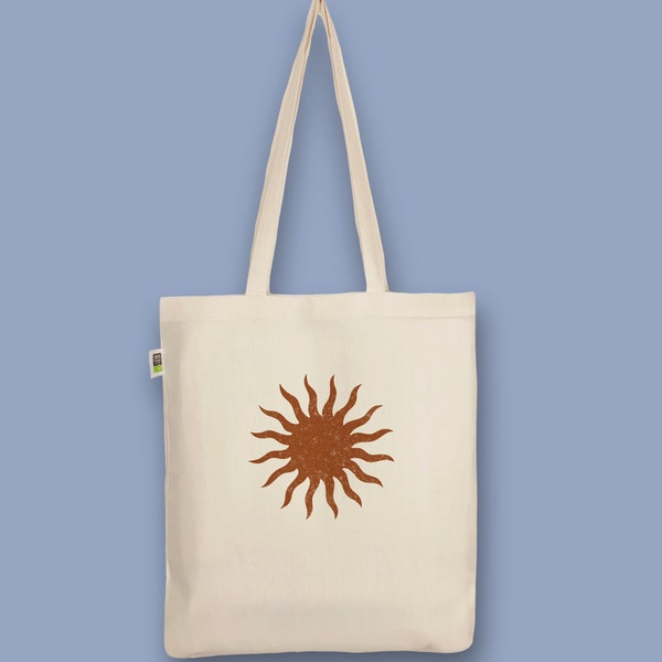 Hand-printed organic jute bag “Sun Red”