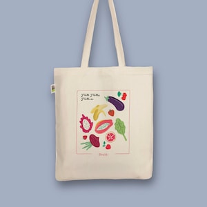 Handbedruckter „Fruits Früchte“ Bio-Jutebeutel - Stoffbeutel aus Biobaumwolle als Einkaufsbeutel Tasche oder Geschenk für Freundin Freund