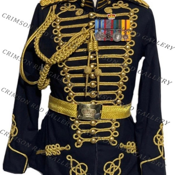 Black British royal jacket with adjustable Gold  belt and Buckle and accessories to fit chest size  42”,44”, 46”