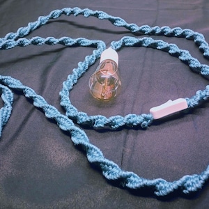 May include: A teal blue braided cord with a light bulb and a white switch. The cord is coiled and laid out on a dark surface.
