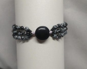 Snowflake Obsidian & Black Onyx Micro Macramé Bracelet – Protection + Balance – Grounding Crystal Jewelry