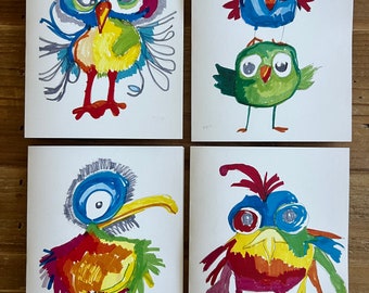 Funny Birds - greeting card, set of 4, colorful Birds, folded cards, blank inside, happy birthday cards, thank you cards, Vichys art