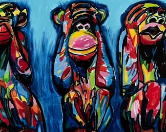 Wise Monkeys - Animal Print, ANIMAL Canvas Print, Colorful Poster, Monkey Wall Art Painting, animal painting, Wise Monkeys picture, safari