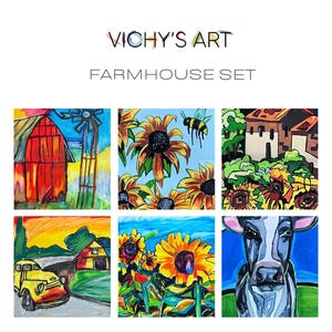 Farmhouse - Set of six prints 5x7”, Sunflower, Cow, Barn, Flower art, Cow painting, Giclee print, farm animal, Farm design, farmhouse style
