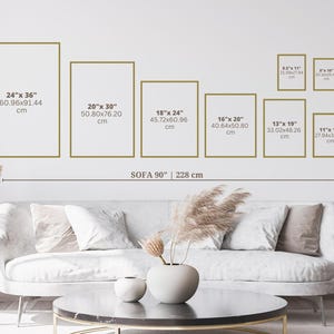 May include: A display of framed art prints in various sizes, including 24" x 36", 20" x 30", and 18" x 24", arranged above a sofa. The image includes measurements in inches and centimeters, showcasing a range of wall art options.