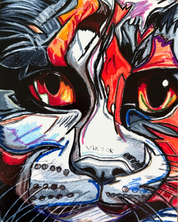 ポップアート 猫 カラフル カラフルな猫のアクリル絵画 抽象画 POP