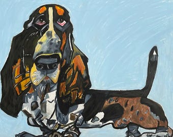 May include: A colourful painting of a basset hound dog with a white stripe down its nose. The dog is painted in a stylised, abstract style with bold colours and brushstrokes. The background is a light blue.