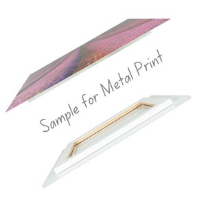 May include: Angled view of a metal print with a lavender field image. The print is displayed with a white frame and backing. The text "Sample for Metal Print" is written in gray.