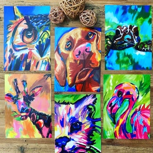 Set of 6 wall art decor prints, 5x7", ANIMAL print, pink flamingo print, giraffe print, vizsla dog print, sea turtle print, cat portrait