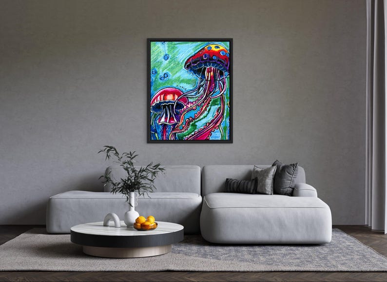 Jellyfish| Animal Art | Modern Boho Artwork | Animal Canvas Poster | Coastal Illustration | Colorful fish | Ocean themed Painting image 4