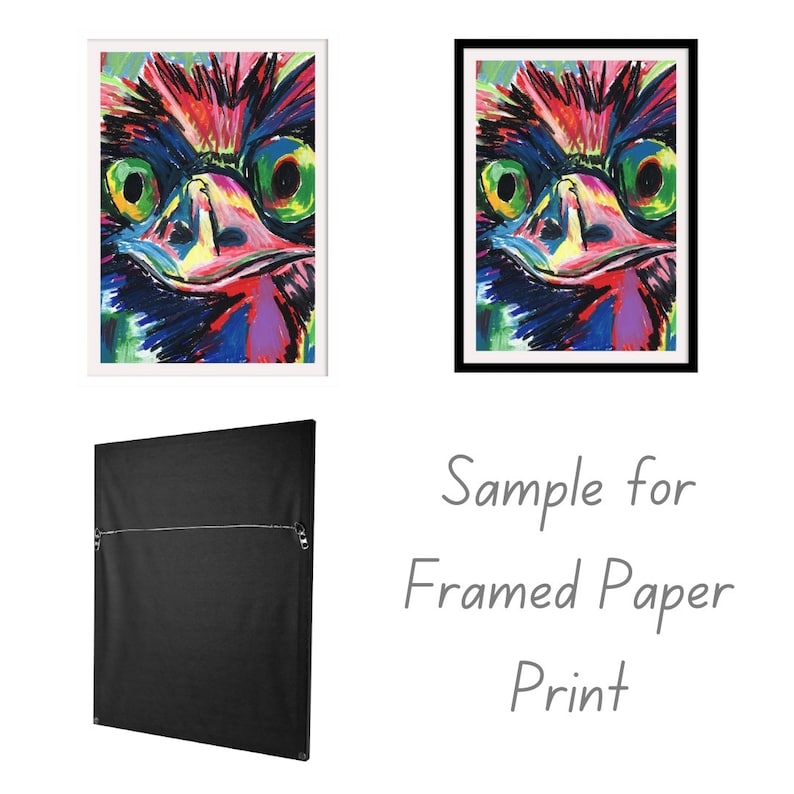 May include: Two framed paper prints of a colorful bird with a close-up view of its face. The bird has large green eyes, a pink beak, and a multi-colored head. The frames are white and black. The back of a framed print is also shown.