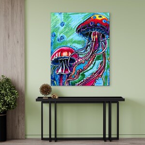 Jellyfish| Animal Art | Modern Boho Artwork | Animal Canvas Poster | Coastal Illustration | Colorful fish | Ocean themed Painting image 2
