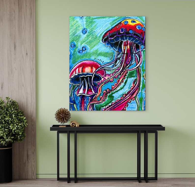 Jellyfish| Animal Art | Modern Boho Artwork | Animal Canvas Poster | Coastal Illustration | Colorful fish | Ocean themed Painting image 2