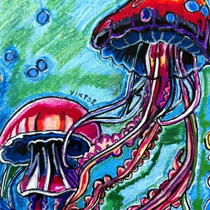 Jellyfish| Animal Art | Modern Boho Artwork | Animal Canvas Poster | Coastal Illustration | Colorful fish | Ocean themed Painting image 1