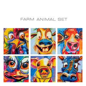 Farmhouse set, 6 animal prints, Giclee print, giraffe, colorful animals, wall decoration, wall decor, home decoration, canvas print, animal