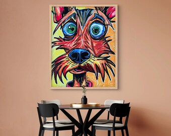 動物と家のカラフルな絵画 カラフルな犬 - 動物アートプリント、動物キャンバスプリント