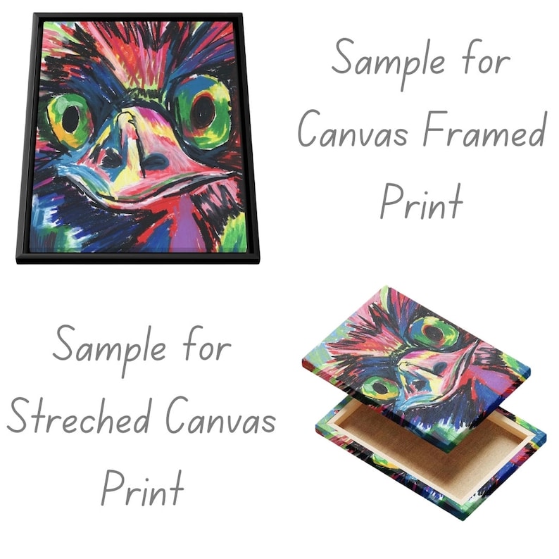 May include: A colorful abstract art print of a bird's face, with vibrant green eyes and a multi-colored beak. The artwork is displayed as a framed canvas print and a stretched canvas print. Text on the image reads "Sample for Canvas Framed Print" and "Sample for Stretched Canvas Print".