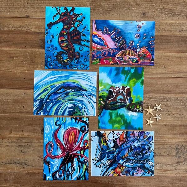 Marine life - Set of six prints in size 5x7” OCEAN THEMED, Giclee prints, wall decor, animal print, autistic artist, autism, turtle, octopus