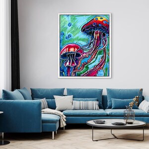 Jellyfish| Animal Art | Modern Boho Artwork | Animal Canvas Poster | Coastal Illustration | Colorful fish | Ocean themed Painting image 3