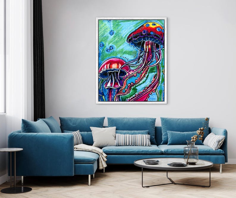 Jellyfish| Animal Art | Modern Boho Artwork | Animal Canvas Poster | Coastal Illustration | Colorful fish | Ocean themed Painting image 3