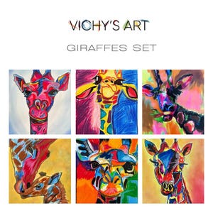 Giraffe set, 6 Giraffes prints, Giclee print, giraffe, colorful pictures, wall decoration, wall decor, home decoration, canvas print, animal