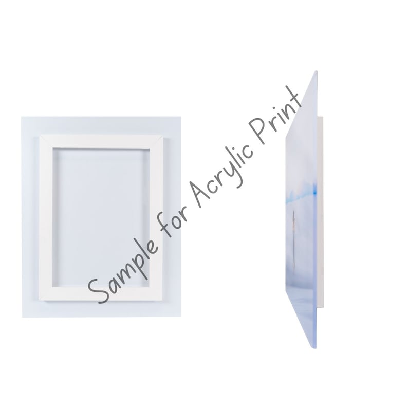 May include: Two views of an acrylic print. One shows the front with a white frame and the other shows the side view. The side view shows the print with a white backing. The text "Sample for Acrylic Print" is visible.