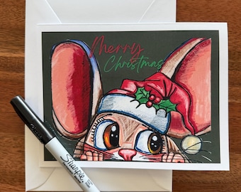 Handmade Mouse Christmas Greeting Card, Colorful Giclee Print, Animal Painting