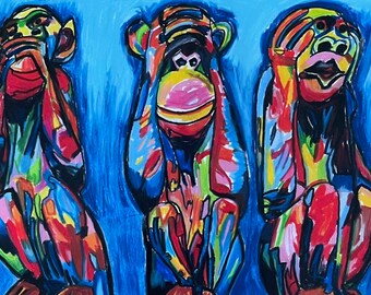 Three MONKEYS print | Canvas Art | Canvas Wall Art | Illustration | Home Decor |  ART Lover Gift | Large Canvas | Wise MONKEYS wall print