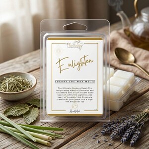 May include: A clear plastic clamshell package containing white soy wax melts. The label features the text Enlighten, Luxury Soy Wax Melts, and a description of the scent blend. The package is marked with a net weight of 3 oz at the bottom.