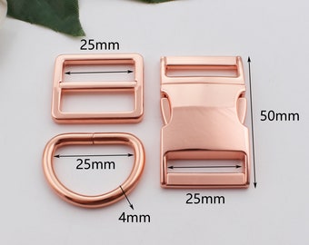 25mm inner wide, rose gold side release buckle，triglide, D-ring set, dog collar, hardware,  dog collar buckles，pet collar hardware
