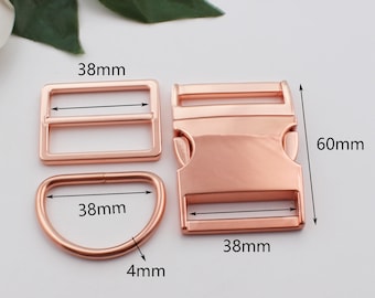 38 mm innerbredd, roséguldfärgad sidospänne, triglide, D-ringset, hundhalsband, hårdvara, hundhalsbandsspännen, hårdvara för husdjurshalsband