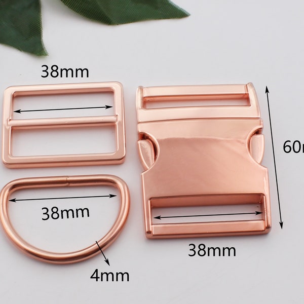 38mm inner wide, rose gold side release buckle，triglide, D-ring set, dog collar, hardware,  dog collar buckles，pet collar hardware