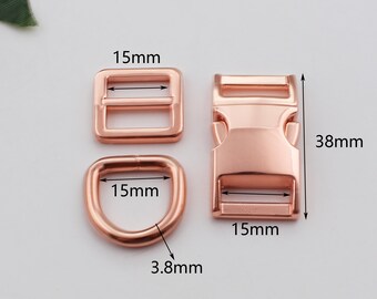 15mm inner wide, rose gold side release buckle，triglide, D-ring set, dog collar, hardware,  dog collar buckles，pet collar hardware