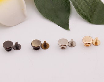 May include: Four sets of metal rivets, each set includes a round head and a screw. The rivets are in four different finishes: black, brass, silver, and gold.