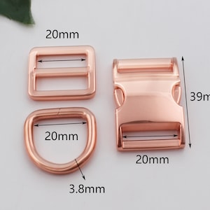 20mm inner wide, rose gold side release buckle，triglide, D-ring set, dog collar, hardware,  dog collar buckles，pet collar hardware