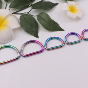 May include: Five rainbow-colored metal D-rings of different sizes. The rings are arranged in order of size, with the largest ring on the right and the smallest ring on the left.