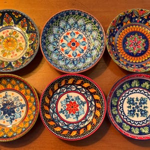 Dipping Plates Gift Set of 6 Beautiful Vibrant colors Patterns Olive Oil Vinegar Dipping Snack Nut Bowl 4”