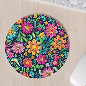 Mexican Floral Pattern Round Mousepad, Cute Mouse Pad, Flower Mouse Pad with Rubber Bottom, Trendy Desk Decor, Colorful mouse pad, Gift Idea