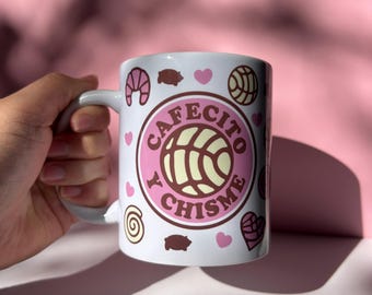 Cafecito y Chisme Ceramic Mug, Mexican Pan Dulce Cup, Funny Hispanic Coffee Mug, Mexican Bread Cup,  Chisme Mug, Pink Bread Cup, 11oz 15oz