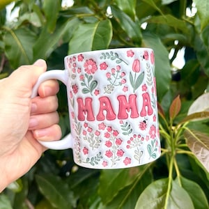 Taza inflable 3D Floral Mama – Regalo para mamá – Taza del Día de la Madre – 325 ml o 445 ml – Idea de regalo para mamá – Linda taza rosa con flores y mariquitas