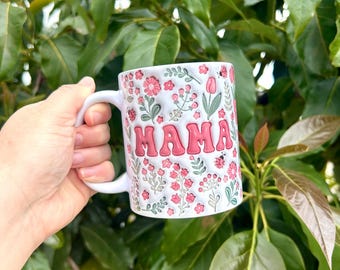Floral Mama Inflated 3D Design Mug – Gift for Mom – Mother's Day Mug – 11oz or 15oz – Mom Gift Idea - Cute Pink Flower Cup with Ladybugs