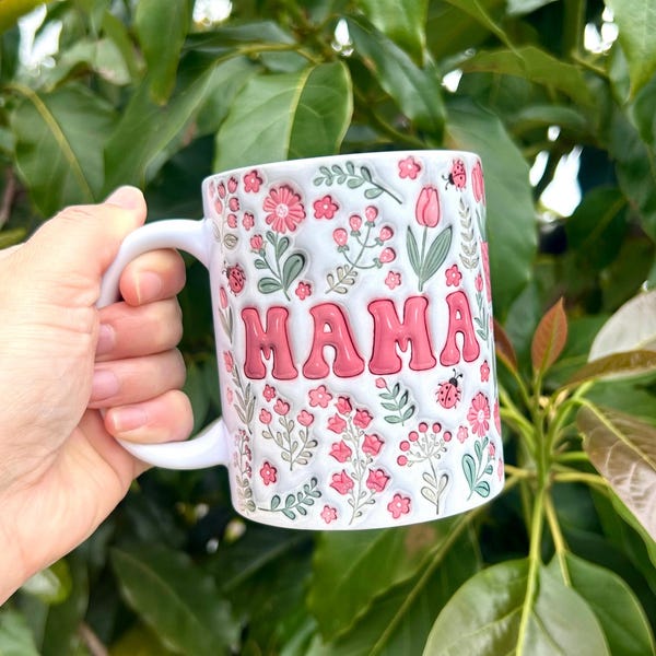 Taza inflable 3D Floral Mama – Regalo para mamá – Taza del Día de la Madre – 325 ml o 445 ml – Idea de regalo para mamá – Linda taza rosa con flores y mariquitas