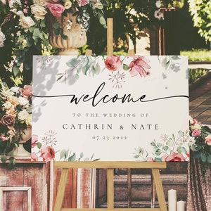 Wedding Welcome Sign Roses, Wedding Sign, Welcome To Our Wedding Sign, Wedding Sign Bouquet Wedding Signs, Wedding Outdoor Sign Pink Flowers