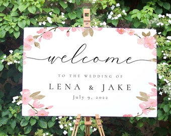 Wedding Welcome Sign, Wedding Sign, Welcome To Our Wedding Sign, Wedding Sign Board, Wedding Signs, Wedding Outdoor Sign Pink Cherry Flowers