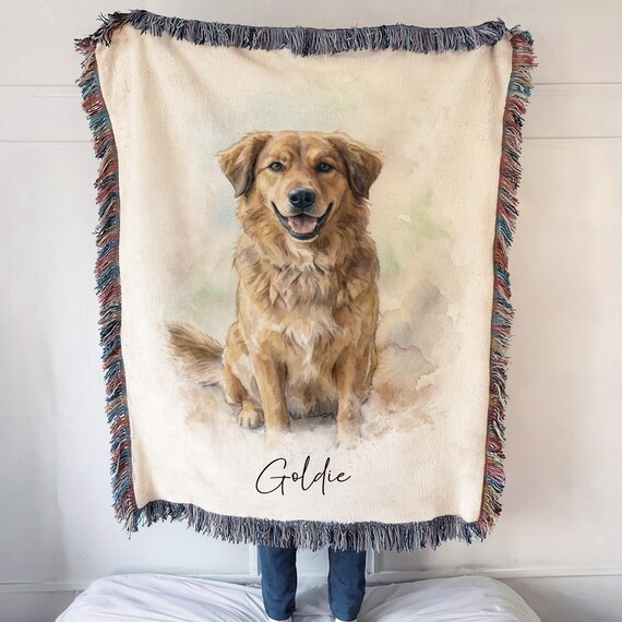 Custom Watercolor Pet Portrait Blanket, Woven Dog Photo Throw