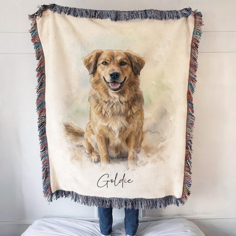 Custom Watercolor Pet Portrait Blanket, Woven Dog Photo Throw image 1