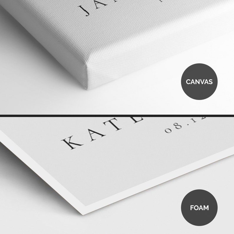 Op de afbeelding: Vergelijking van twee soorten printmedia: canvas en foam. De canvas print is wit met zwarte tekst, en de foam print is ook wit met zwarte tekst. De woorden "CANVAS" en "FOAM" staan in zwarte cirkels.