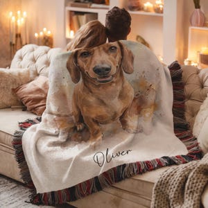 Custom Watercolor Pet Portrait Blanket, Woven Dog Photo Throw image 3