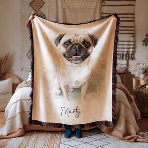 Custom Watercolor Pet Portrait Blanket, Woven Dog Photo Throw image 5