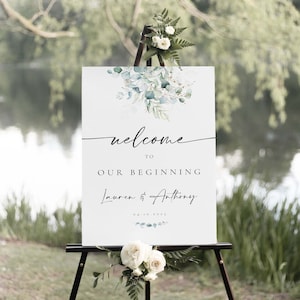 Welcome To Our Beginning Sign, Eucalyptus Wedding Welcome Sign, Wedding Board Vertical
